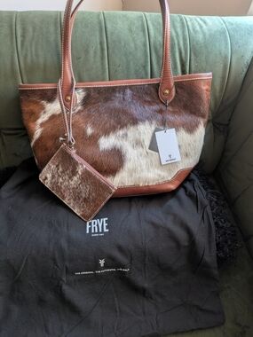 FRYE Kenzie Haircalf Tote Bag in Cognac Brown & White Cowhide NWT